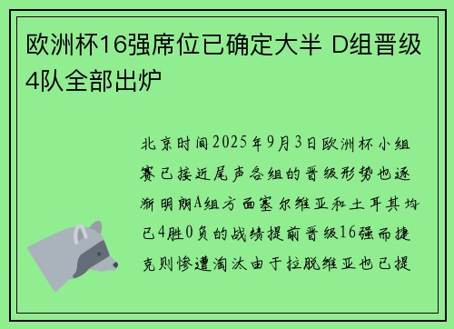 欧洲杯16强席位已确定大半 D组晋级4队全部出炉